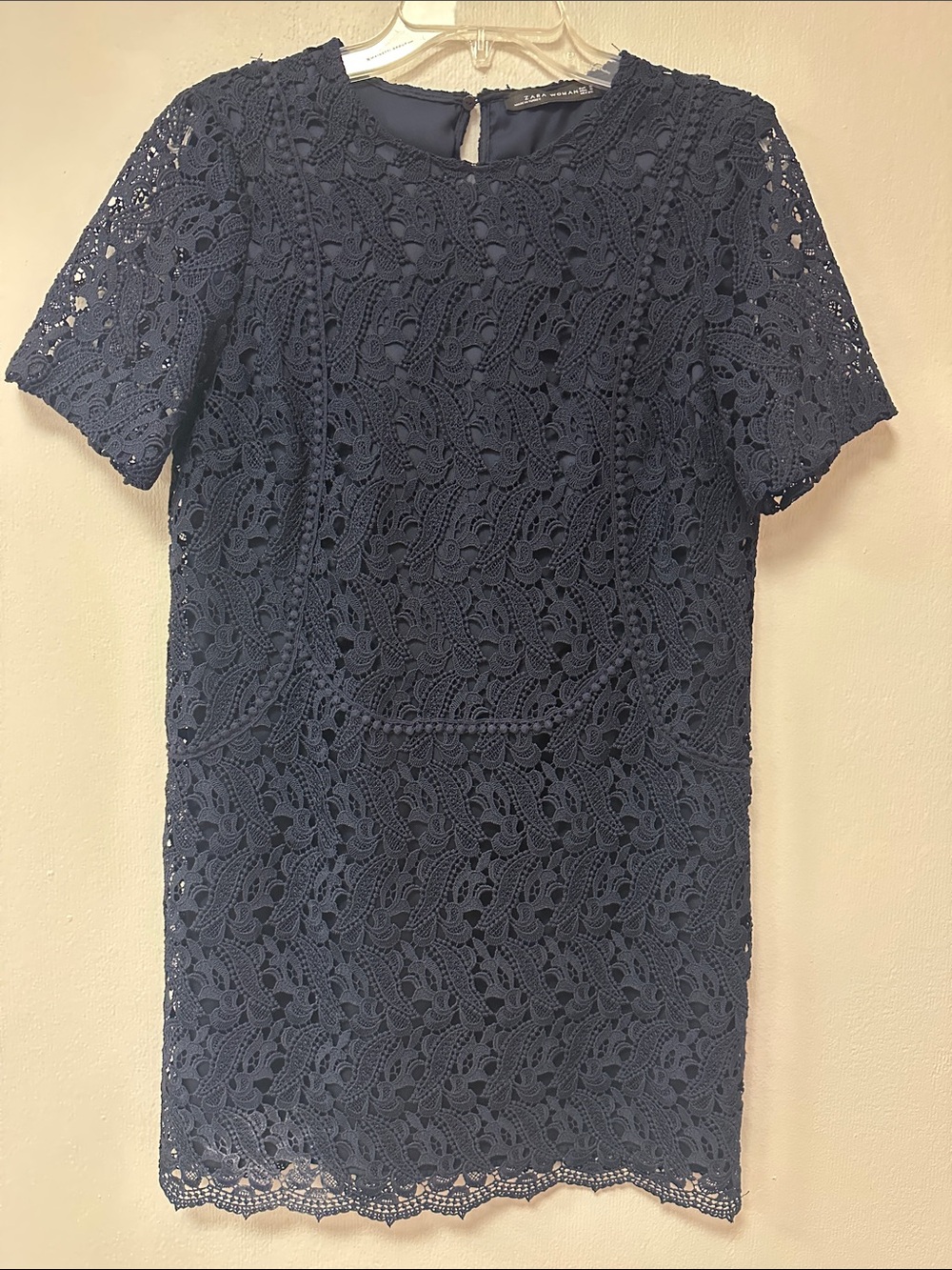 Zara Lace Short Sleeve Shift Dress - Navy